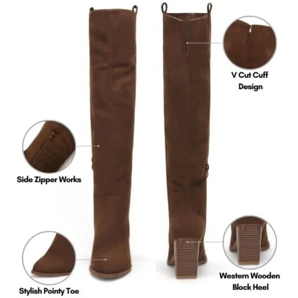 Womens Coffee Faux Suede Knee High Side Zipper Chunky Heel Stretch Winter Boots